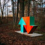red and blue arrow sign surrounded by brown trees